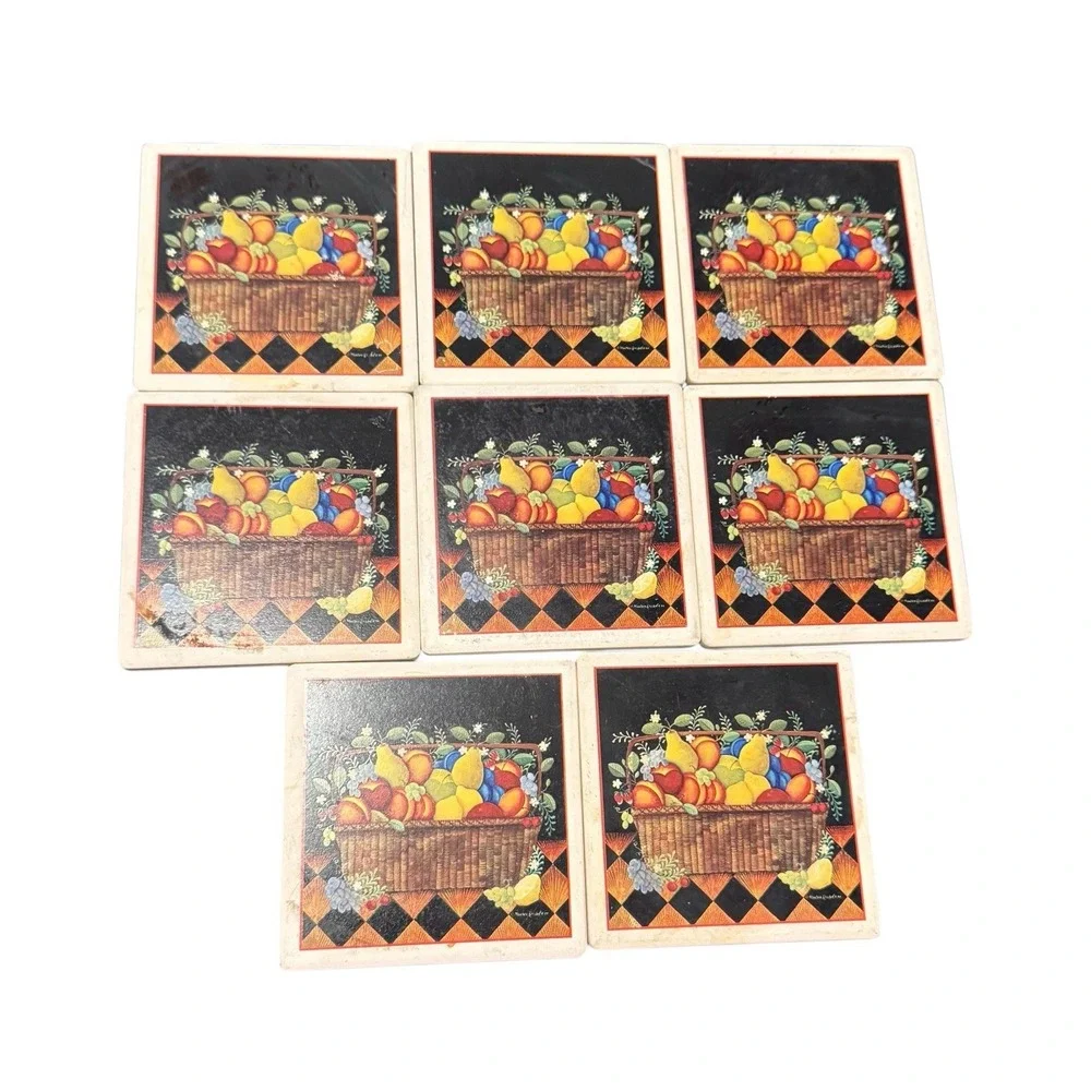 8‎ square coasters folk art-style design of a basket filled with fruit
